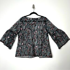 Boho Fairycore Floral Butterfly Embroidered Sheer Bell Sleeve Blouse Whimsigoth